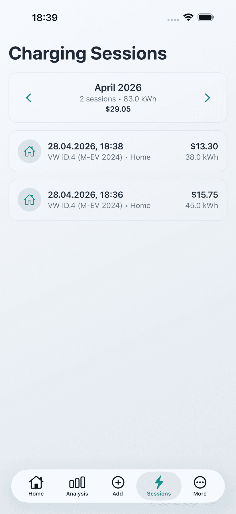 Charging Sessions - Chronological list of all documented charging sessions with kWh and costs